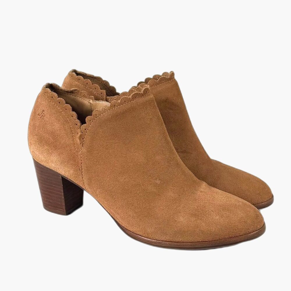 Jack Rogers Marianne Suede Booties Scalloped Tan 6.5M Ankle Heels
